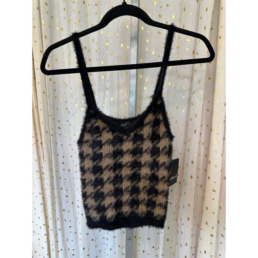 NWT Nikka K Black Brown Houndstooth Checker Soft Fuzzy Tank Top Sweater S